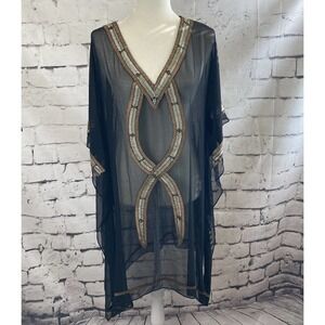 6 Shore Road Gold embroidered‎ Maxi Beach Black Kaftan Womens Size Large